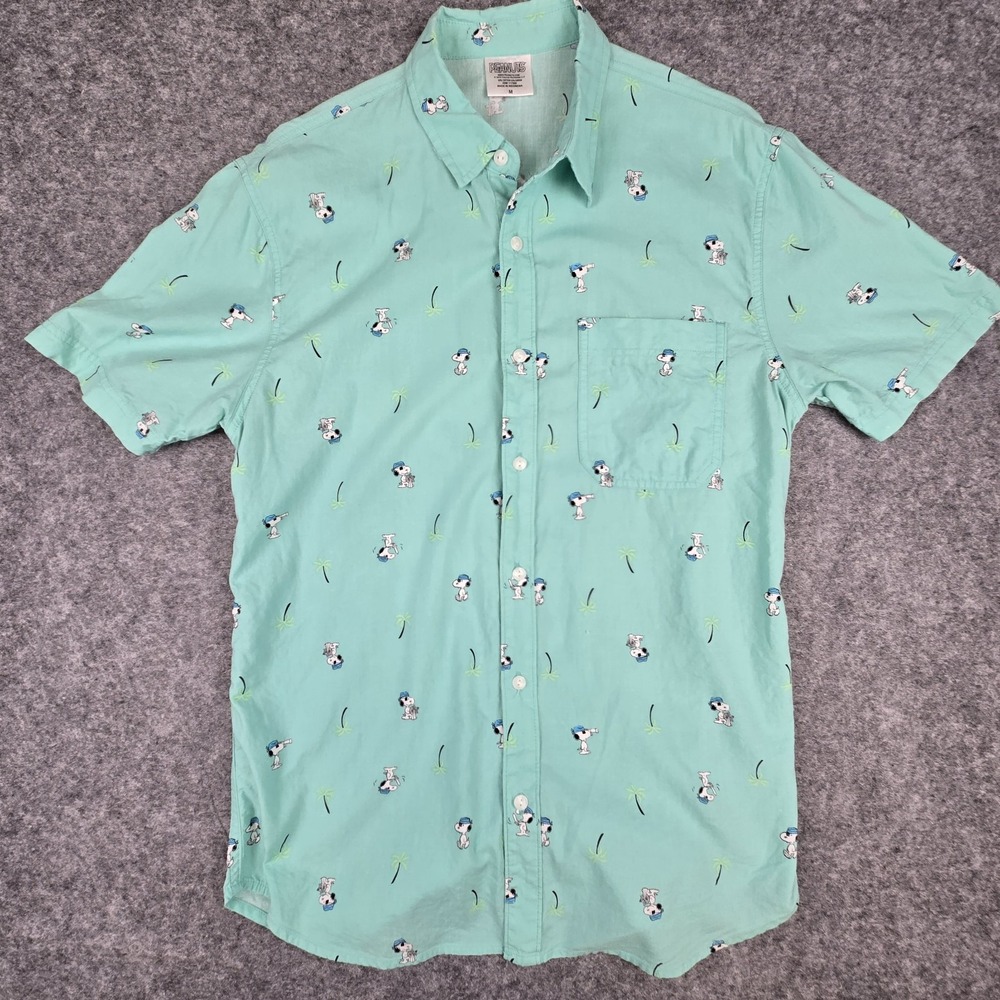 PEANUTS Snoopy Shirt Mens Medium Green Pirate Palm Tree Casual Button-up